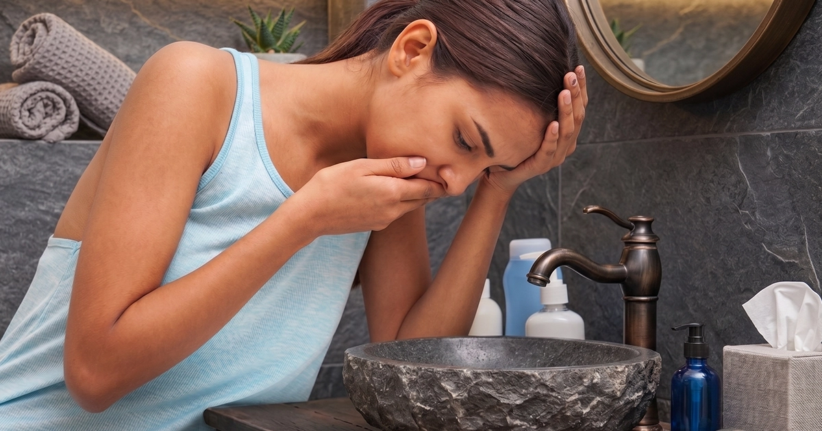 Woman suffering from severe norovirus symptoms.