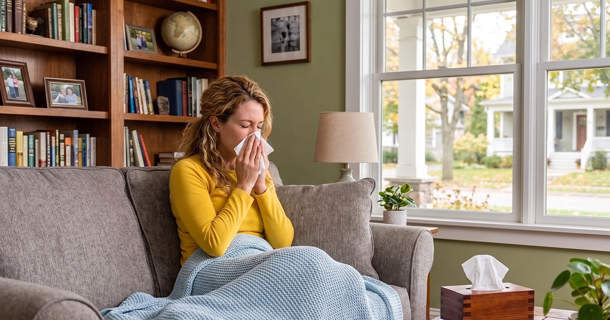 Woman with a contagious cold blowing nose