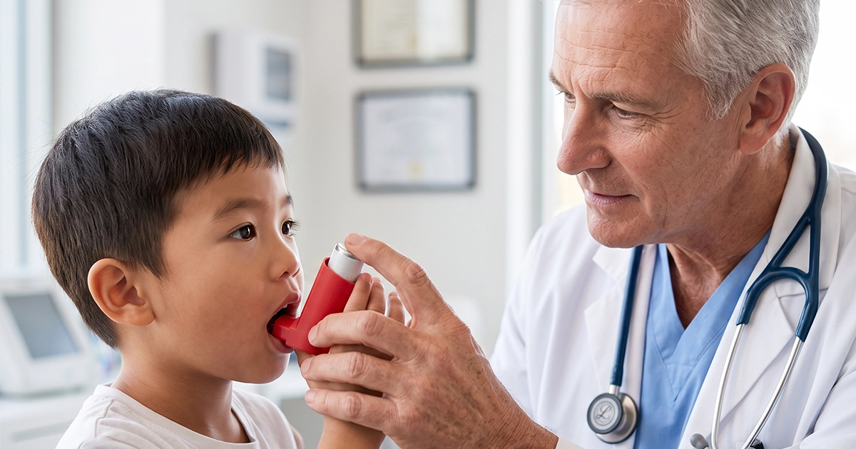 Doctor helps boy use an asthma inhaler.