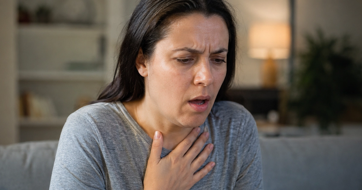 Woman wheezing and holding her chest.