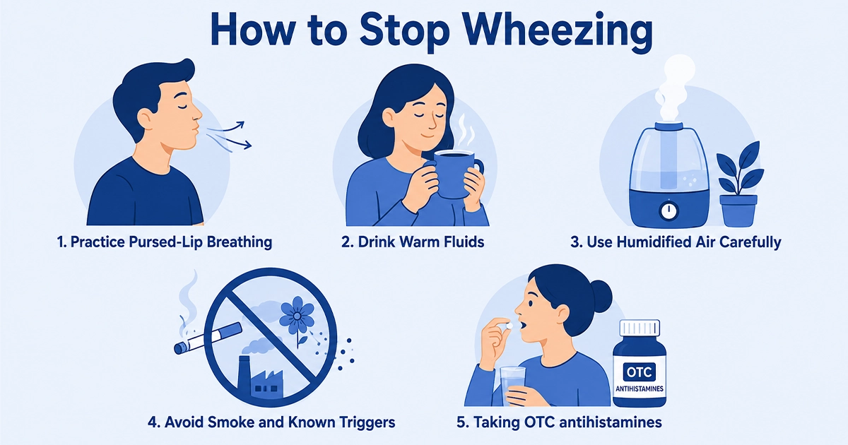 Infographic showing five simple ways to help stop wheezing.