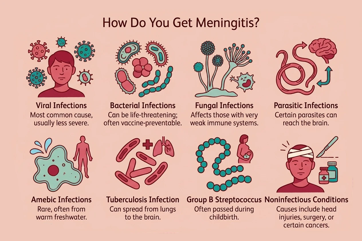 Infographic titled "How Do You Get Meningitis?" listing eight common causes with simple icons. 