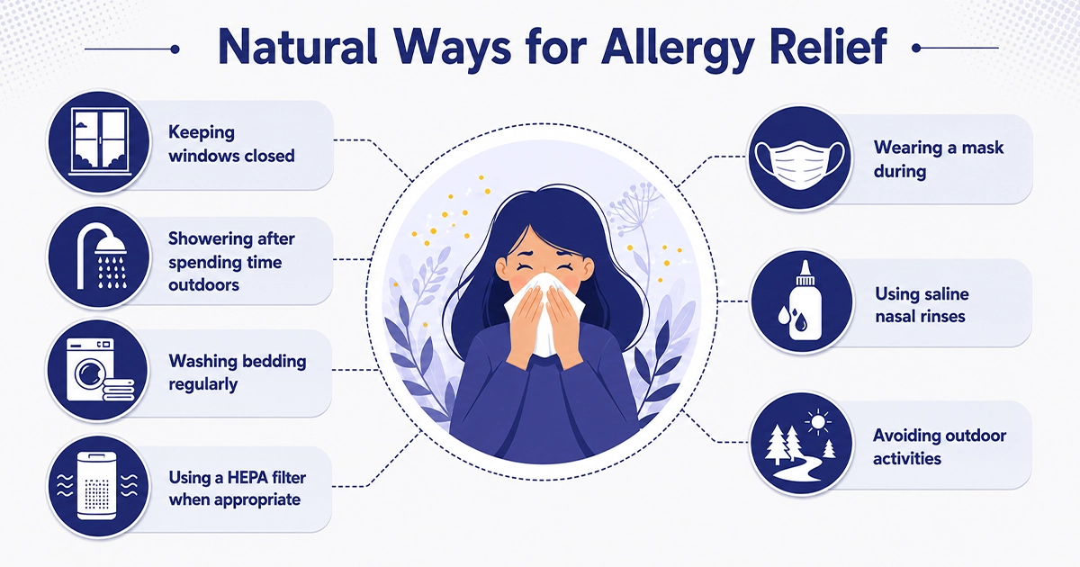 Infographic of Natural ways for allergy symptom relief.