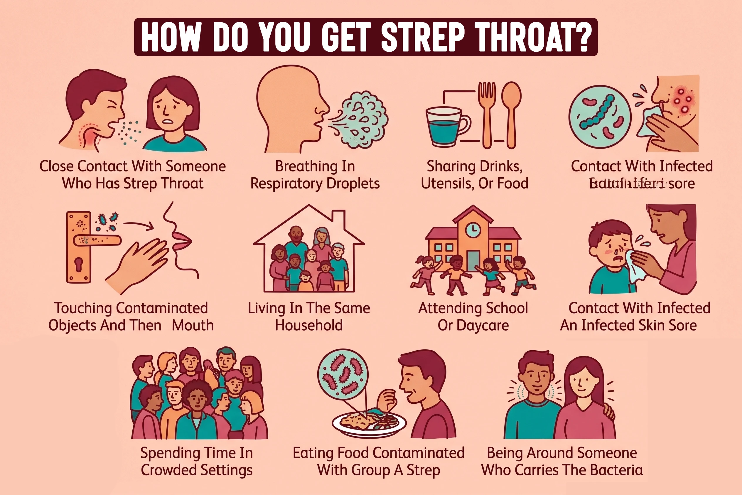 Infographic illustrating the various ways strep throat is transmitted