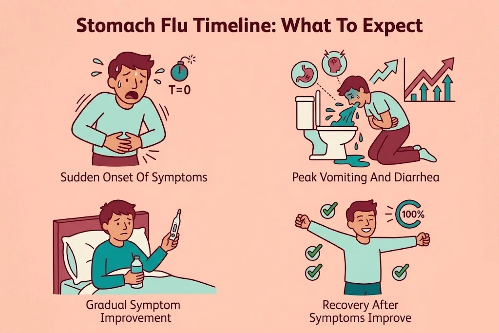 Four-panel infographic detailing the stomach flu timeline, from sudden onset to full recovery.