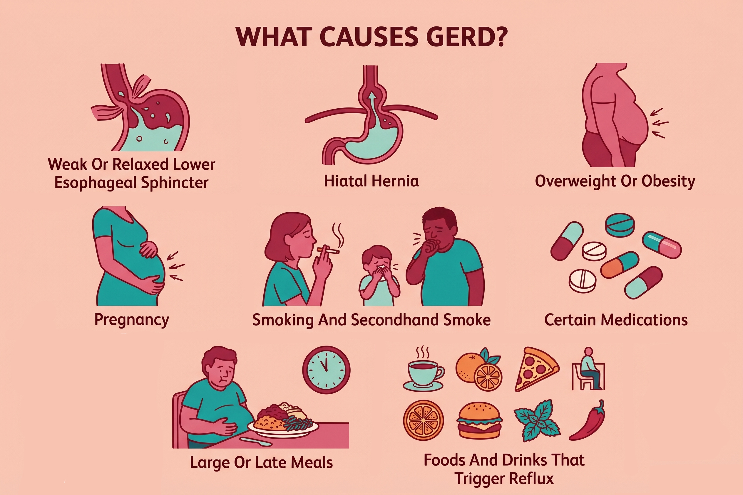 Illustrated chart displaying common causes and triggers of GERD, such as pregnancy, smoking, and certain foods.