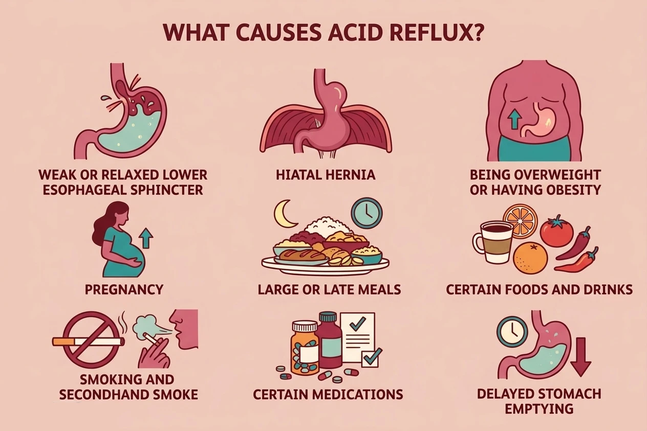 Infographic titled "What Causes Acid Reflux?" depicting nine potential causes with simple illustrations.