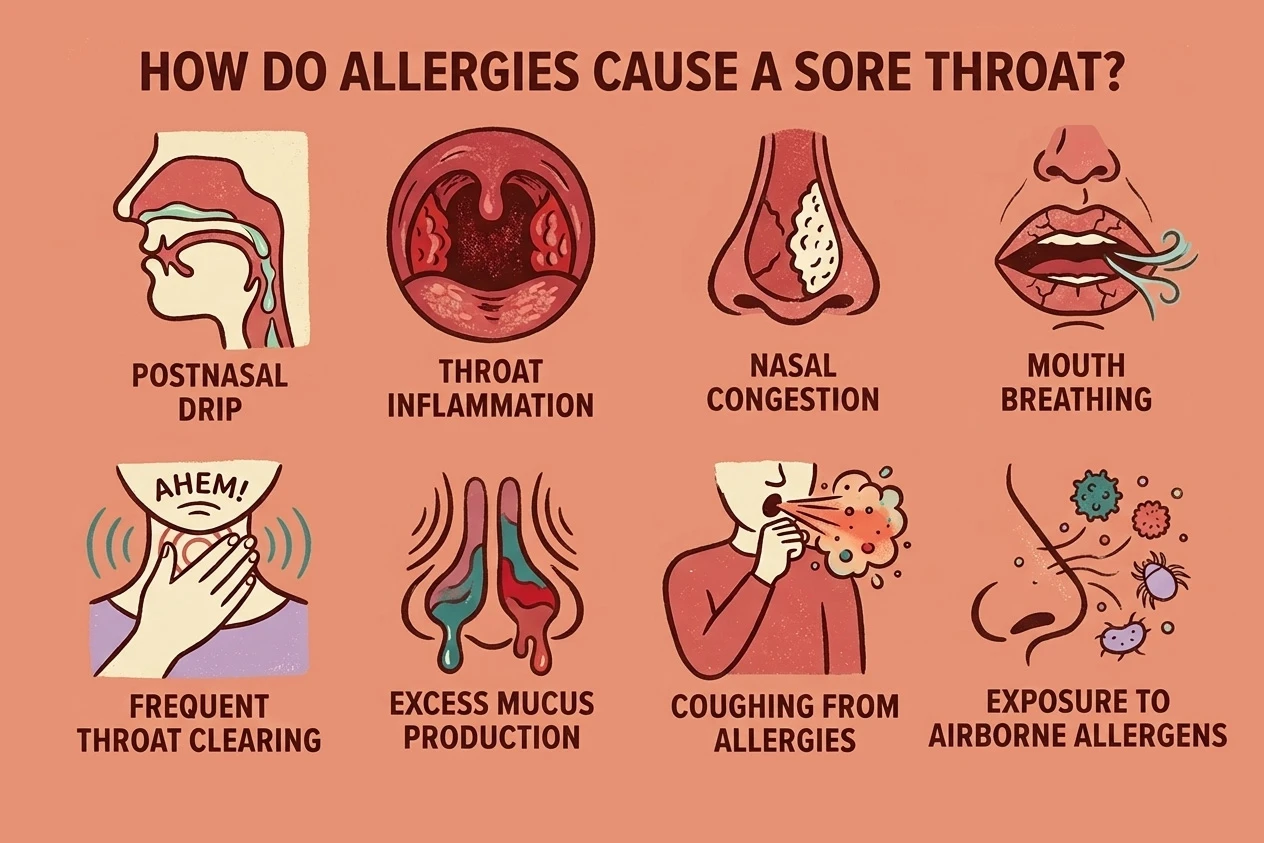 Infographic titled "How Do Allergies Cause a Sore Throat?" illustrating eight causes with simple icons.