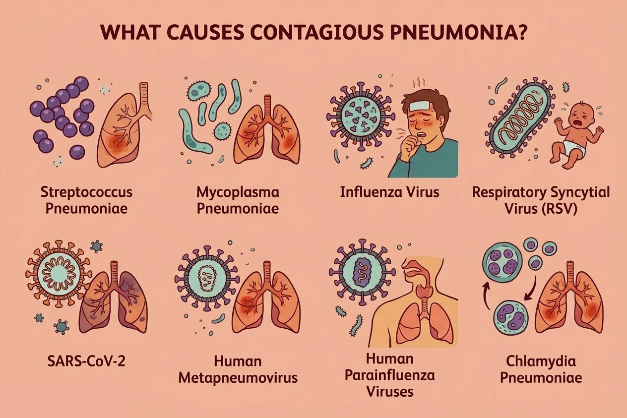 Infographic titled "What Causes Contagious Pneumonia?" listing eight biological causes with simple illustrations.