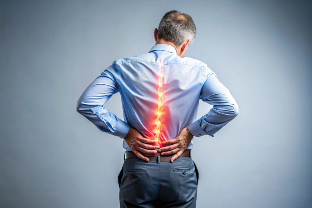 Rear view of a man holding his lower back with a glowing overlay highlighting spinal pain.