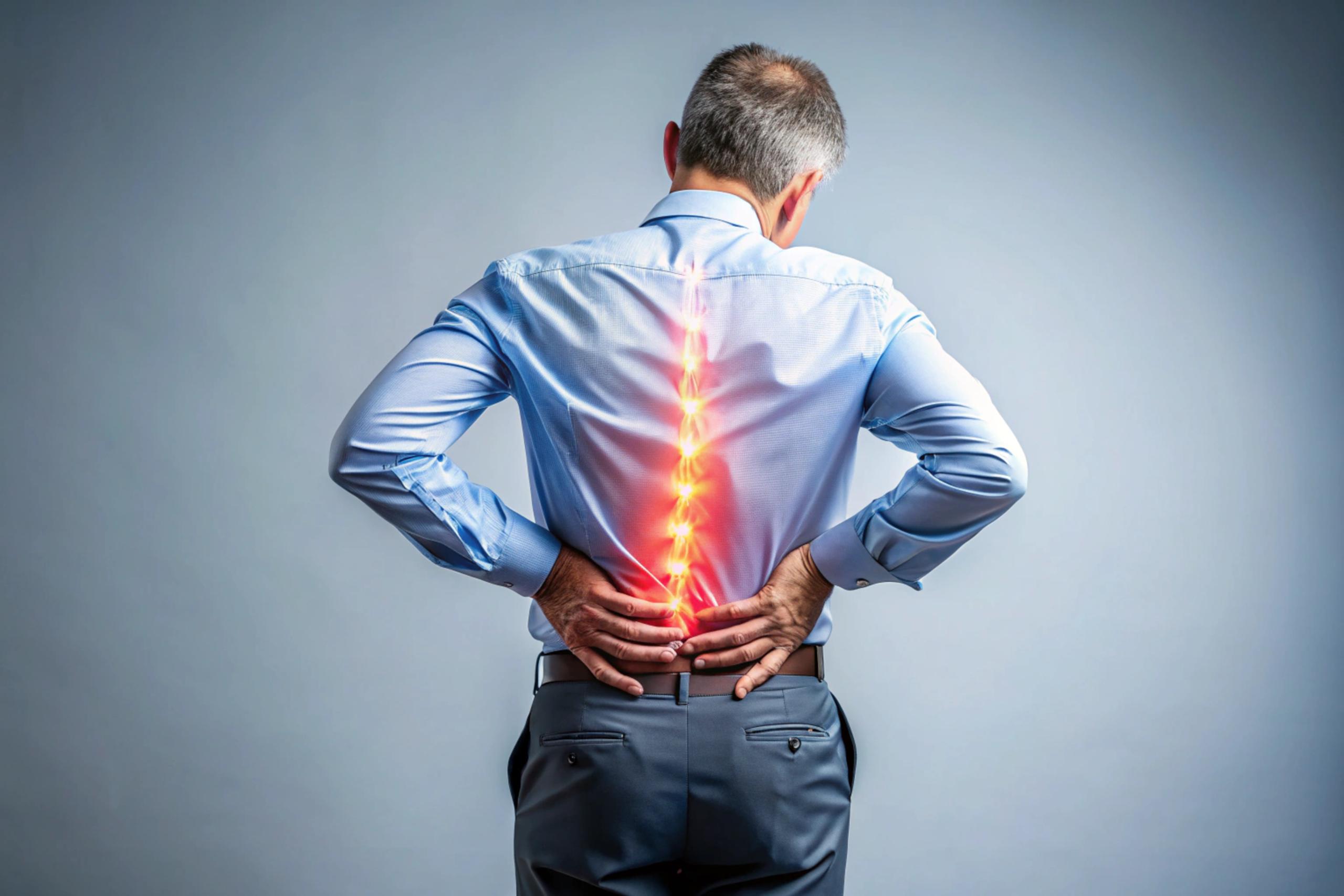 Rear view of a man holding his lower back with a glowing overlay highlighting spinal pain.